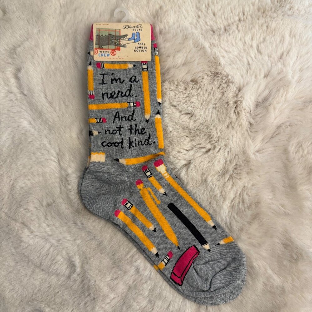 Blue Q Womens "I'm A Nerd, And Not The Cool Kind" Crew Socks sz 5-10